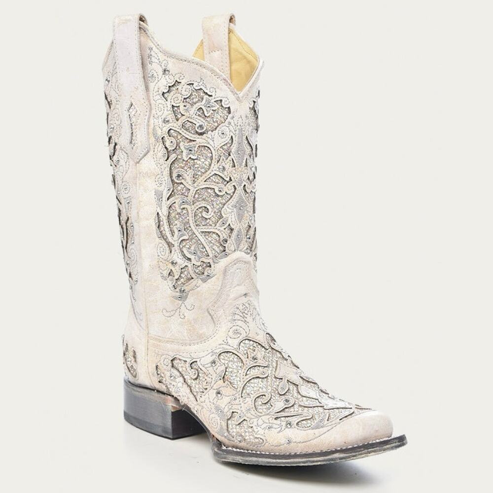 NEW Corral White Glitter Inlay Crystal Square Toe Western Cowgirl Wedding Boot 6
